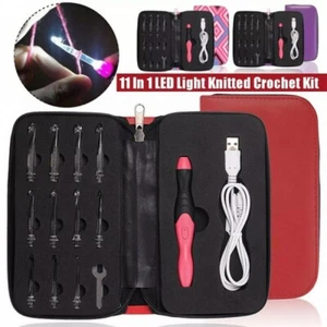 11in1 USB LED Lighted Crochet Hooks Set Light Up Knitting Needle Kit Sewing Tool - Picture 1 of 16