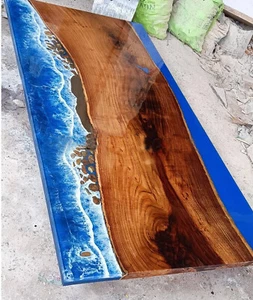 Ocean Wave River Blue Resin Dining Center Table Top Wooden Handmade Furniture - Picture 1 of 4