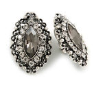 Victorian Style Grey/ Clear Crystal Filigree Clip On Earrings In Aged Silver