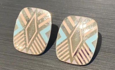 Laurel Burch Signed "Quintessence" Geometric Silver Pink & Blue Enamel Earrings - Image 1 of 4