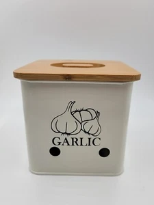 Kitchen White Tin Canister Storage Bin for Garlic Garluc Keeper W/ Wood Look Lid - Picture 1 of 7