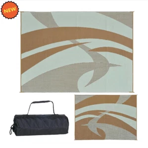 Outdoor Patio Deck RV Mat Reversible Rug 9 x 12 ft Durable Foldable Brown/Beige - Picture 1 of 6