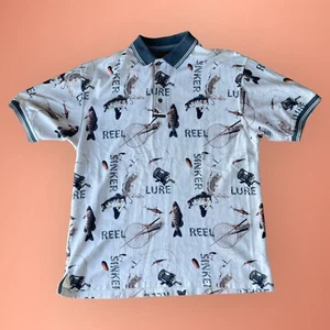 Vintage 90s AOP Polo Shirt Mens Large Fishing Outdoors Graphic North River - Picture 1 of 6