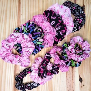 Pink Ribbon Cancer Awareness Scrunchies | Handmade in the USA | Silicone Elastic - Picture 1 of 9