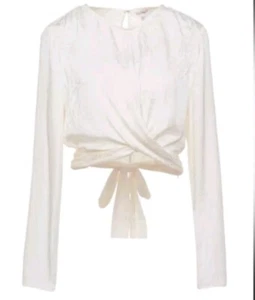 GUESS Women's Cut Out Wrap Top Blouse   M Cream V-neck Tie Office Work wear N42 - Picture 1 of 10