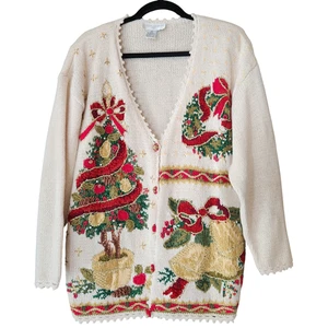 Cárdigan de Navidad Suéter Mujer M Gran Tamaño Tejido a Mano Árbol Corona Campana - Imagen 1 de 12
