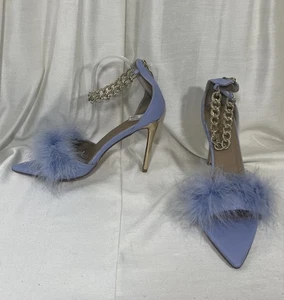 Marabou Heels Feather Trim Ankle Chain Boudoir Bedroom Back Zip Lavender Size 11 - Picture 1 of 22