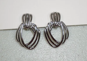 Vintage Monet Signed Clip-On Silver Tone Triple Hoop Earrings - Picture 1 of 7