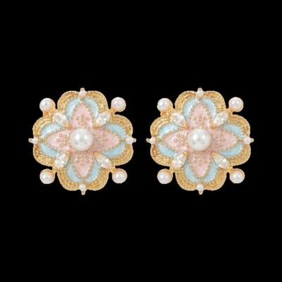 Pendientes de plata de ley 925 esmalte de perlas pintura rosa 3/4"" chapados en oro amarillo Foto 1 de 3