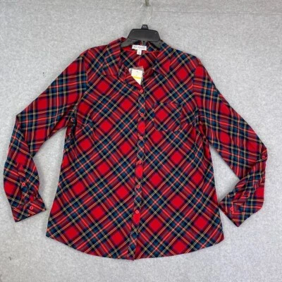 Top Kim Rogers para mujer L rojo a cuadros manga larga lengüeta enrollable botón delantero algodón nuevo con etiquetas Foto 1 de 4
