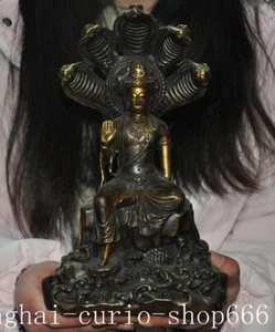 10"Tibet Bronze Gilt 5-Heads Snake Naga Kanya Snake Fairy guanyin Buddha Statue - Picture 1 of 12