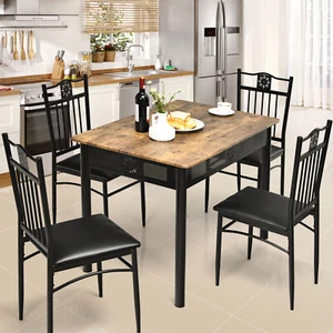 5PCS Dining Set Kitchen Breakfast Furniture Metal Table & 4 Chairs Black - Picture 1 of 8