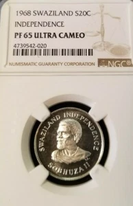 1968 SWAZILAND SILVER 20 CENTS INDEPENDENCE NGC PF 65 ULTRA CAMEO FROSTY COIN - Picture 1 of 3