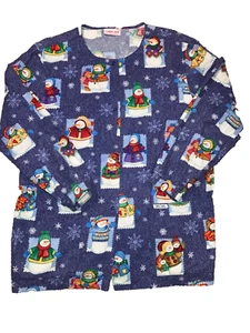 Cherokee Snowman Print Holiday Scrub Jacket With Pockets Snap Closure - Picture 1 of 9