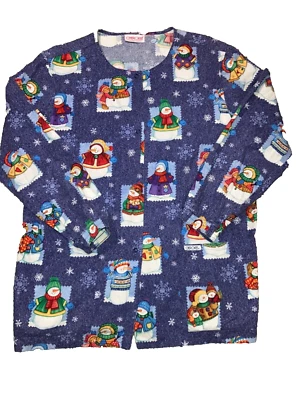 Cherokee Snowman Print Holiday Scrub Jacket With Pockets Snap Closure - Image 1 of 4