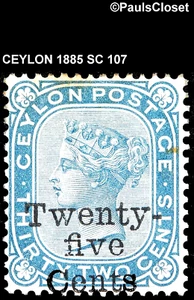 CEYLON 1885 SC 107 QUEEN VICTORIA 25c ON 32c SLATE BLUE MHR P14 F/VF - Picture 1 of 2
