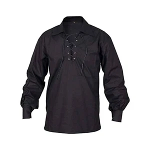 Jacobite Black Ghillie Kilt Shirt Scottish 100% Cotton Jacobean Shirt For Sale - Picture 1 of 2