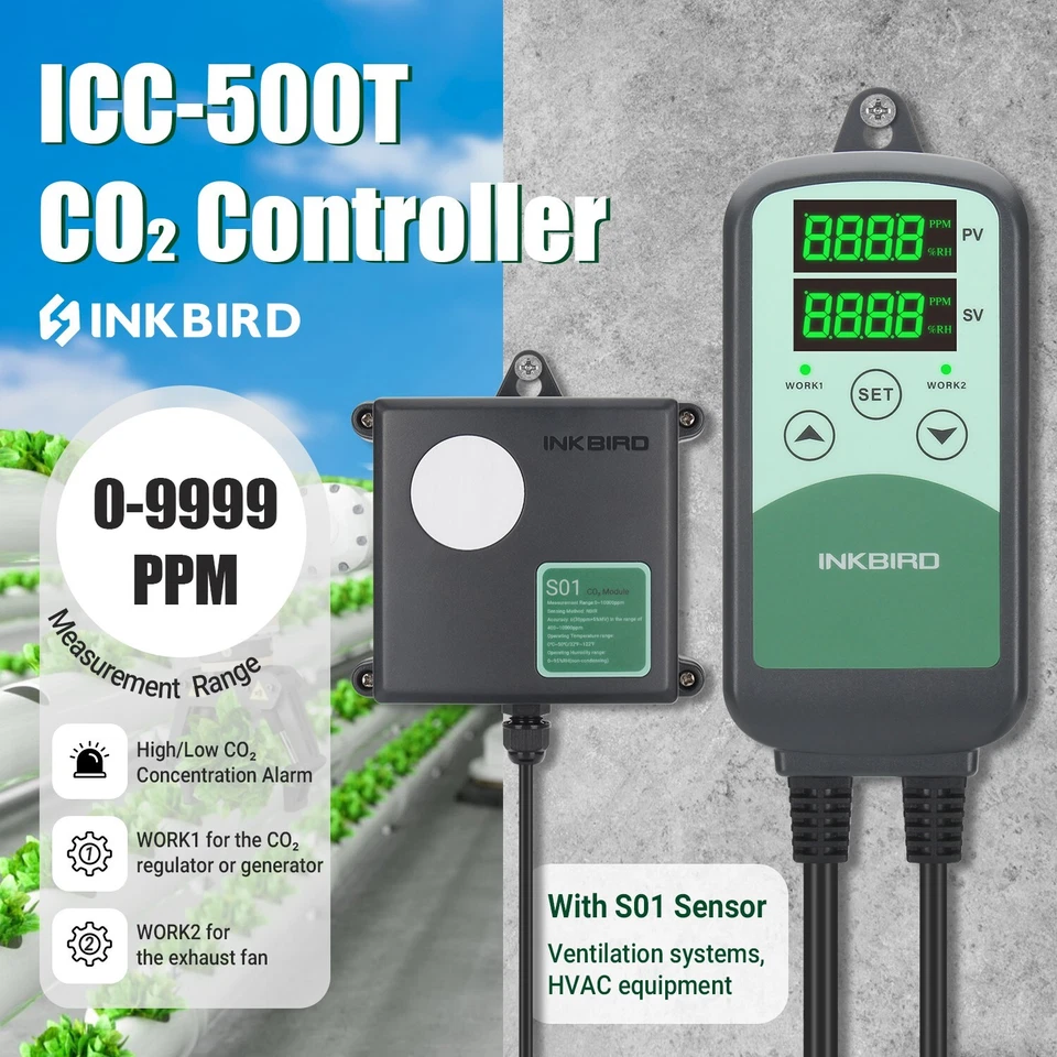 INKBIRD Digital CO2 Controller Regulator ICC500T NDIR Sensor Probe Greenhouse US - Image 1 of 4