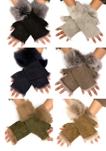 Womens Sheepskin Cuffs Mittens Fingerless Shearling Suede Toscana Fur - Picture 1 of 58