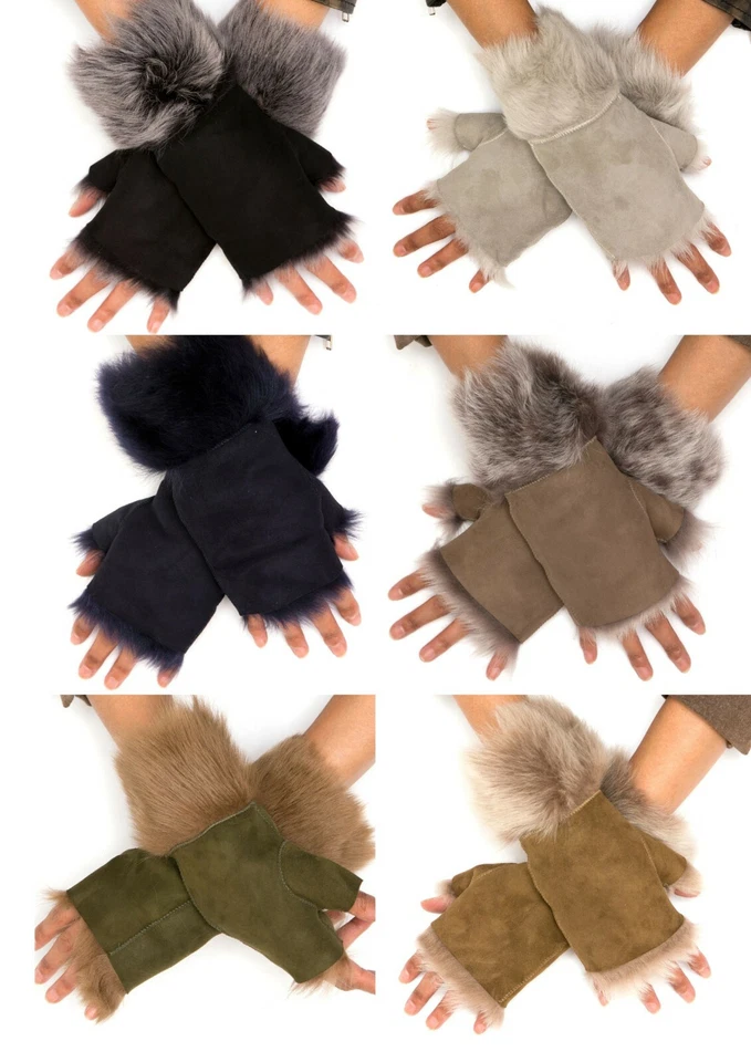 Womens Sheepskin Cuffs Mittens Fingerless Shearling Suede Toscana Fur - Image 1 of 1
