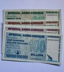 Zimbabwe 5 , 25 , 50 , 100 Billion Dollars Special Agro-Cheque  2008 Used 4 PCS - Picture 1 of 6
