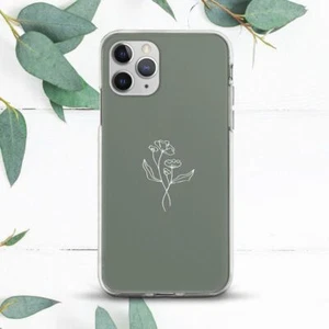 Sage Green White Floral Line Art Case For iPhone X SE 11 12 13 14 15 Pro Max XR - Picture 1 of 1