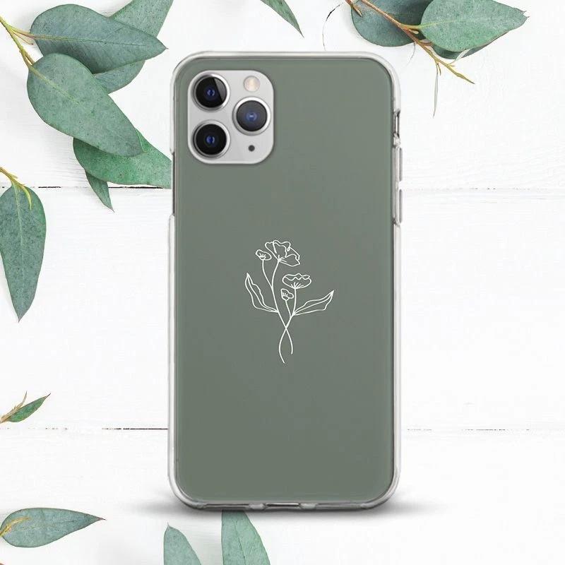 Sage Green White Floral Line Art Case For iPhone X SE 11 12 13 14 15 Pro Max XR - Image 1 of 1