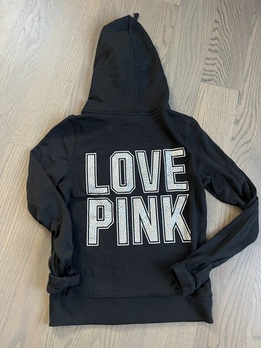 UNDERCOVER Felpa con cappuccio con cerniera Victoria's Secret rosa taglia piccola nera amore rosa con Bling nuova