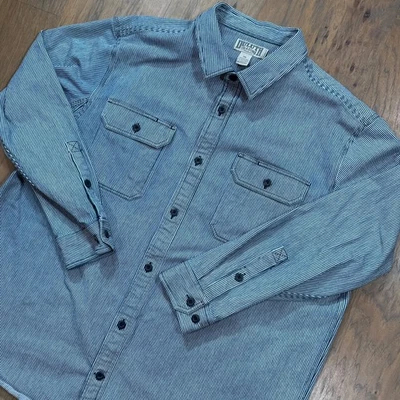 Duluth 交易衬衫男式 2XL 蓝色条纹联盟仓库纽扣铁路口袋 — 第 1/4 张图片