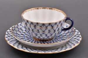 Vintage Lomonosov Cobalt Blue Net Cup and Saucer Trio Set - Picture 1 of 8