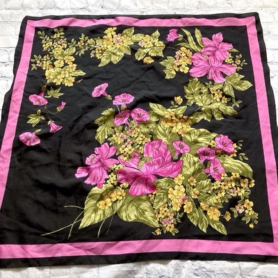 Vintage Women’s Scarf Made In Italy 28” Square Black Pink Green Floral - Image 1 of 4
