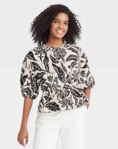 Who WhatWear Ballon Ellenbogen Volumenärmel Popover Bluse Leinen creme geblümt XXL - Bild 1 von 9
