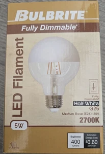 Bulbrite Half white G25 5W 2700K LED Filament Fully Dimmable **New** 776839 - Picture 1 of 5