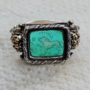 Tagliamonte Italy Ring Sz 10 Green Glass Intaglio Lion Sterling Silver 14k Gold - Picture 1 of 9