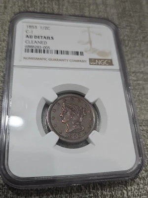 1853 C-1 Braided Hair Half Cent NGC AU Details Cleaned  - Image 1 of 4