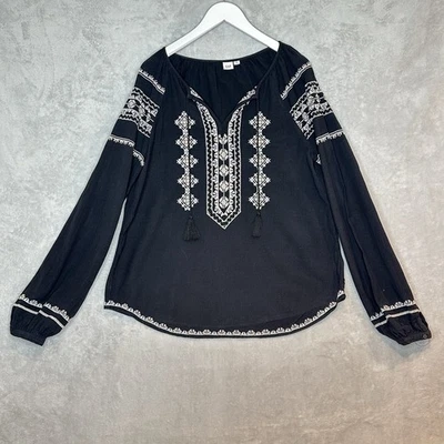 Gap 刺绣十字绣束腰上衣 M 码高黑色农民波西米亚休闲 — 第 1/4 张图片
