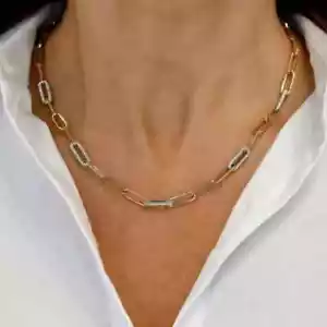 Collana maglia ovale fermacarte oro bicolore 14 carati diamanti creati in laboratorio 9,52 CT - Foto 1 di 4