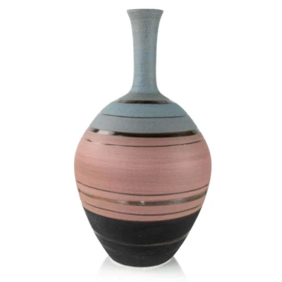 Jarrón de piso alto de cerámica rosa negro y azul de gran tamaño con detalles dorados Foto 1 de 2