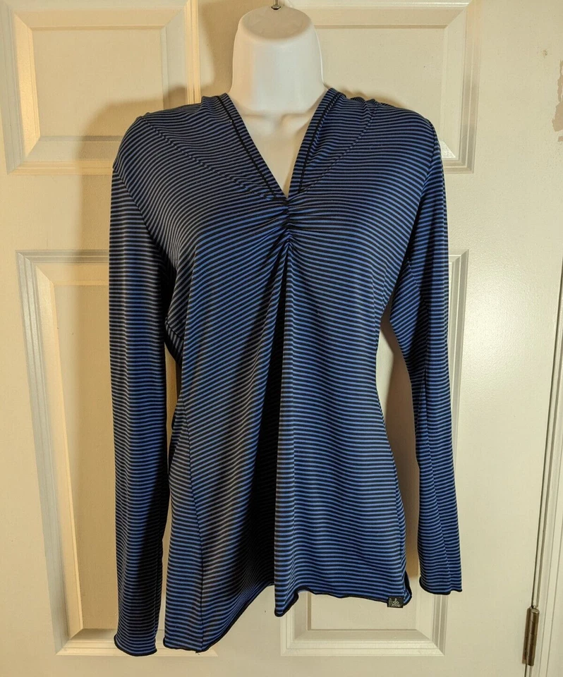 PrAna Mujer, Rayas Negras y Azules, Con Capucha, Manga Larga, Jersey, Talla S Foto 1 de 4