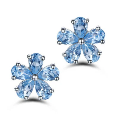 New Flower Style Light Blue Topaz Gemstone Charm Silver Women Stud Earrings - Image 1 of 4