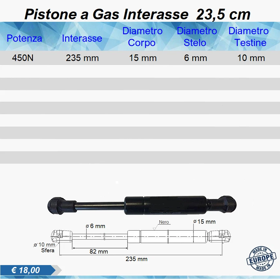 1 PISTONE A GAS MOLLA AMMORTIZZATORE INTERASSE: 235 mm 450N A PRESSIONE RICAMBIO - Immagine 1 di 1
