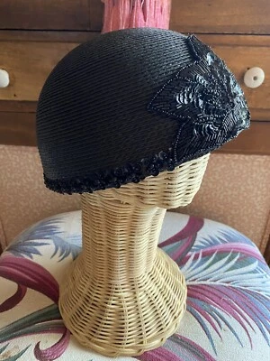Vintage Mr John Hat Designer Flapper Cloche Black Straw Downton Abbey Fashion - Image 1 of 4