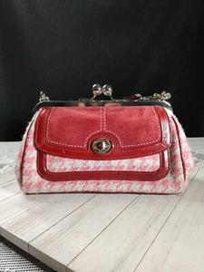 Bolso de Mano Coach Vintage Houndstooth Gamuza Kisslock Rosa Marrón Cerradura 1994 - Imagen 1 de 12