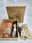 Lot : 2 ensembles de biscuits/celluloïd poupée mariée et marié avec crêpe originale + 1 boîte années 1930