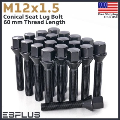 16 Lug Bolt M12x1.5 Black 60mm fit Nissan/Renault/SMART 4-Lug W 30-34 Spacers - Image 1 of 4