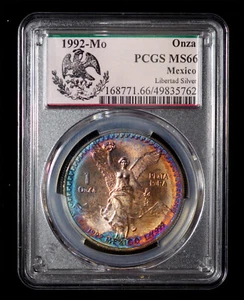 PCGS MS66 1992 Mo MEXICO LIBERTAD Silver Onza Rainbow toning With Special label! - Picture 1 of 4