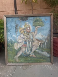 Antique Artist Hand Fine Hindu Lord Hanumanji With Hill Oil Painting Hardboard - Picture 1 of 12