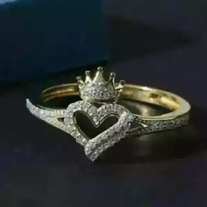 1Ct Round Cut Lab-Created Diamond Crown Heart Shape Ring 14K Yellow Gold Plated - Picture 1 of 5