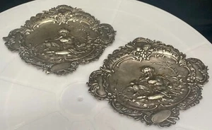 TWO ANTIQUE ENGRAVED SILVER PLAQUES 3.4" w/ SCENE OF A MID SUMMER NIGHT'S DREAM - Picture 1 of 5