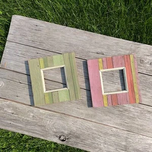 2er Set quadratische 4" x 4" Streifen Strandfarben Holz 8" Rahmen kein Glas keine Rückseite - Bild 1 von 5